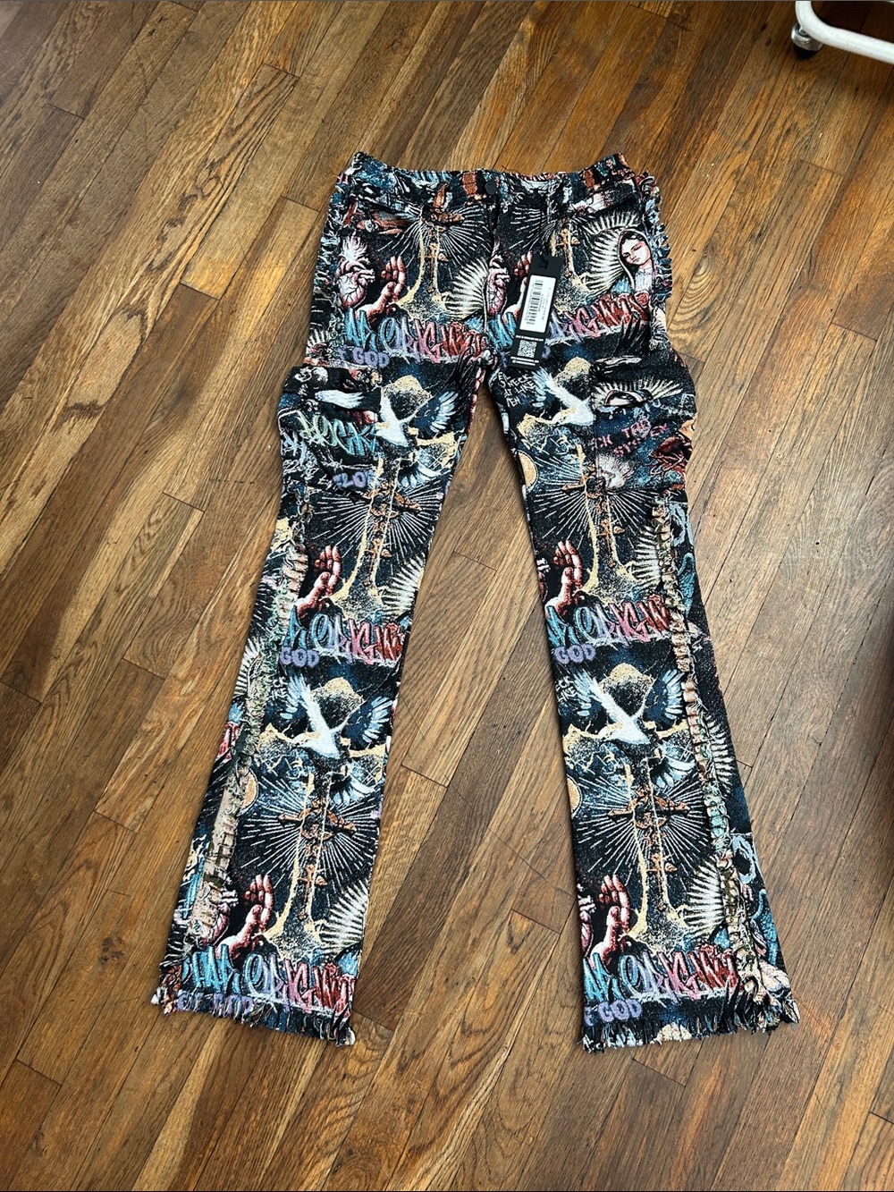 Kids Flared Casual Pants in Black Multicolor Graphic Print